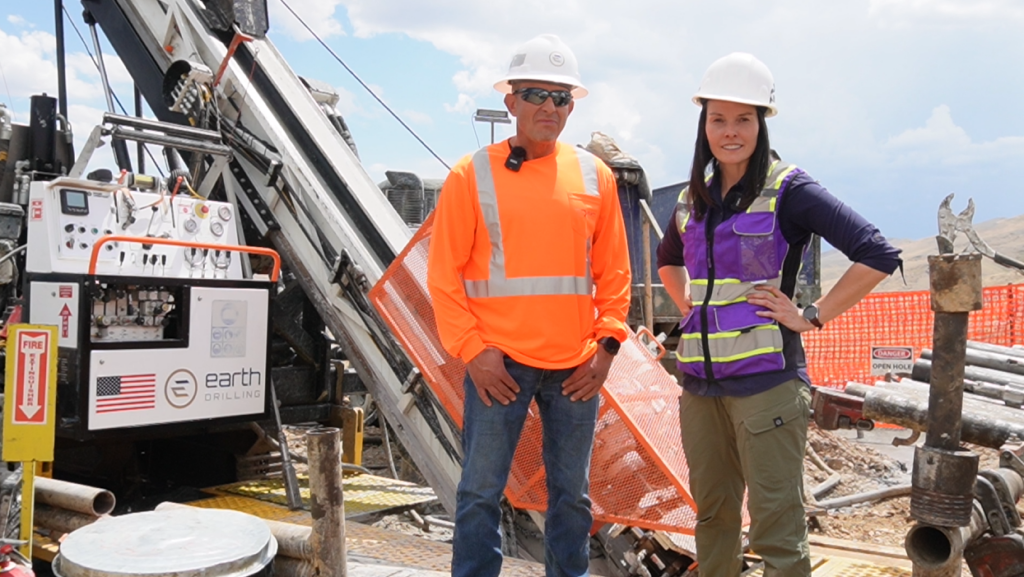 Crystal Burgess with JP Wegleitner, CEO of Earth Drilling on the Rig drilling for tungsten 
